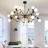 Modern Black Metal Spider Chandelier with Wooden Accents - Loft Style Ceiling Hang Light for Living Room